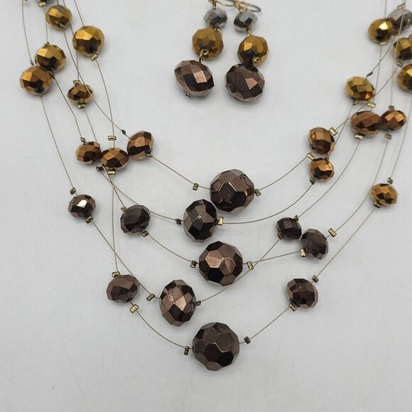 Gold Bronze Multi Strand Bead Necklace Matching Earrings Stretch Bracelet - Picture 4 of 8